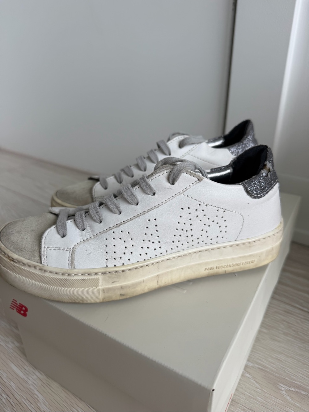P448 White Leather Platform Sneakers with Metallic Heel